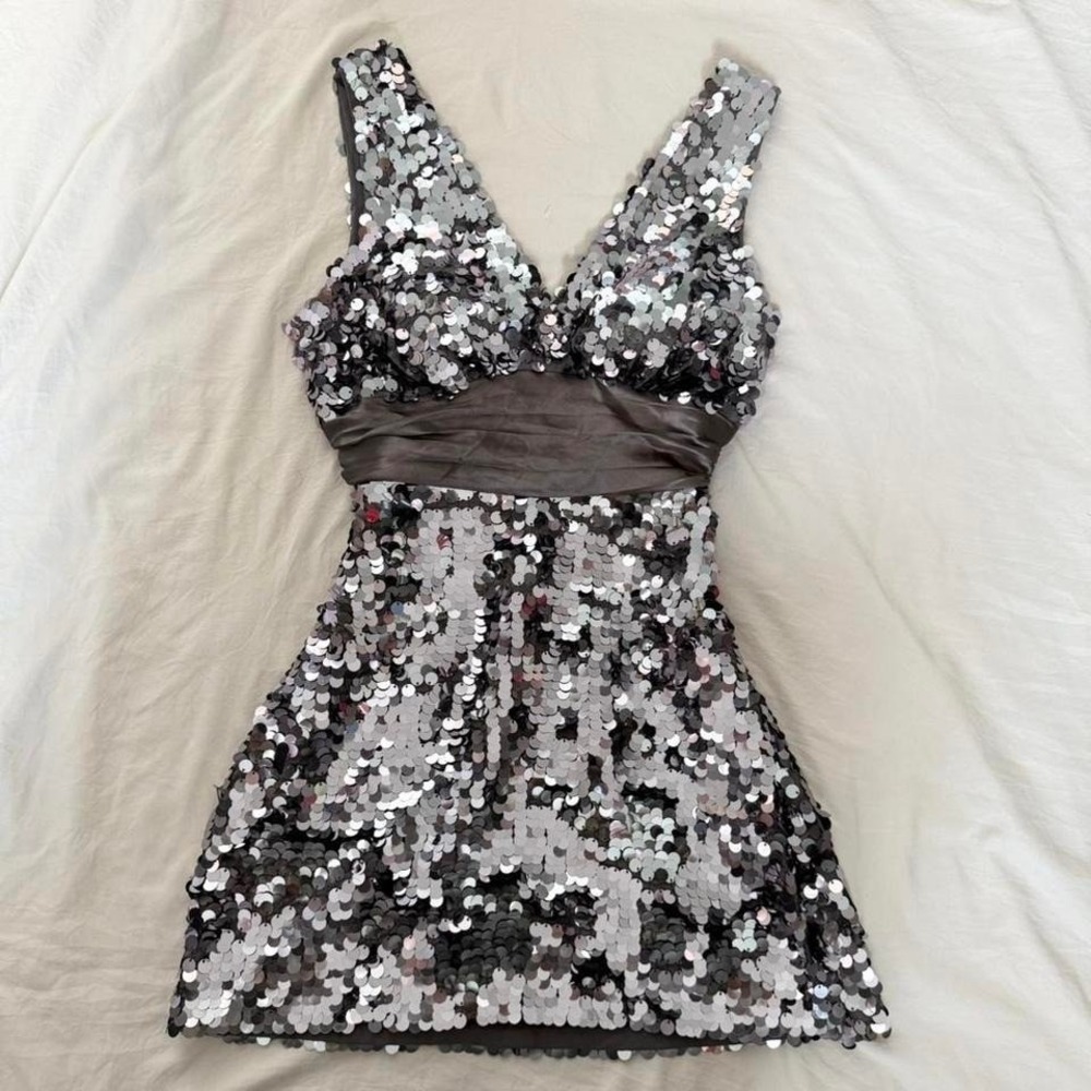 dark silver grey sequin mini dress with satin sash y2k forever 21 party dance